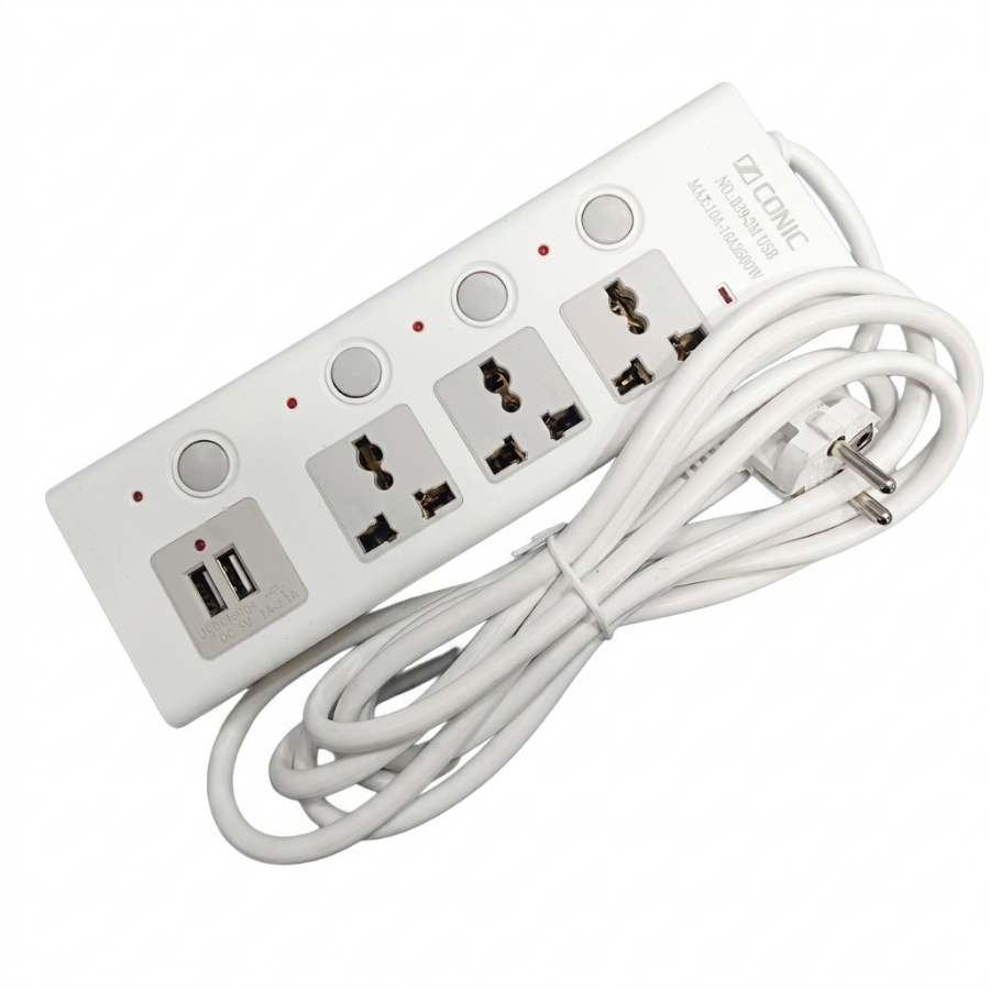 3 Port Multi Plug 2500 W with 2 USB charging Ports Extension Cords Heavy Duty Universal Socket